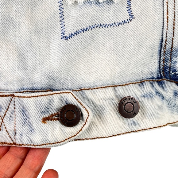 Pistola Boho Denim Distressed Vest Jacket Upcycled 3D Crochet Festival S/M - Picture 7 of 15